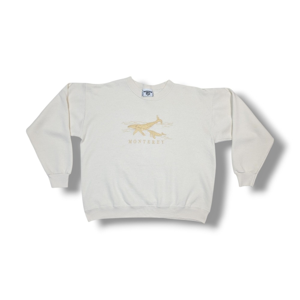 Vintage MONTEREY Gold Whale Embroidered Cream Fleece LEE Sweatshirt Men's L